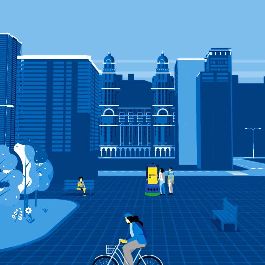 Escena urbana ilustrada con terminal tecnológica y bandera de Uruguay